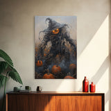 Haunting Scarecrow Holding Pumpkin in Misty Field | Halloween Wall Art | Spooky Home Decor | Creepy Scarecrow Painting | Framed Canvas Print