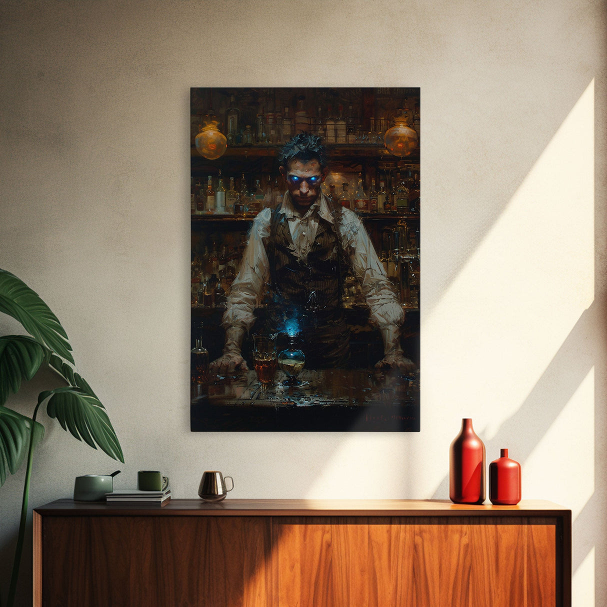 Mysterious Bartender with Glowing Eyes - Halloween Wall Art - Spooky Home Decor - Creepy Bar Scene - Unique Halloween Decoration
