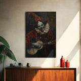 Creepy Clown Playing Guitar, Framed Canvas Print, Spooky Circus Art, Halloween Wall Decor, Horror Clown Illustration, Creepy Home Decor