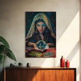 Enchanting Fortune Teller with Crystal Ball Under Moonlight - Mystical Witchcraft Framed Canvas Print, Halloween Gothic Home Decor