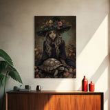 Mystical Witch with Deer in Enchanted Forest - Halloween Art Framed Canvas Print, Spooky Home Wall Decor
