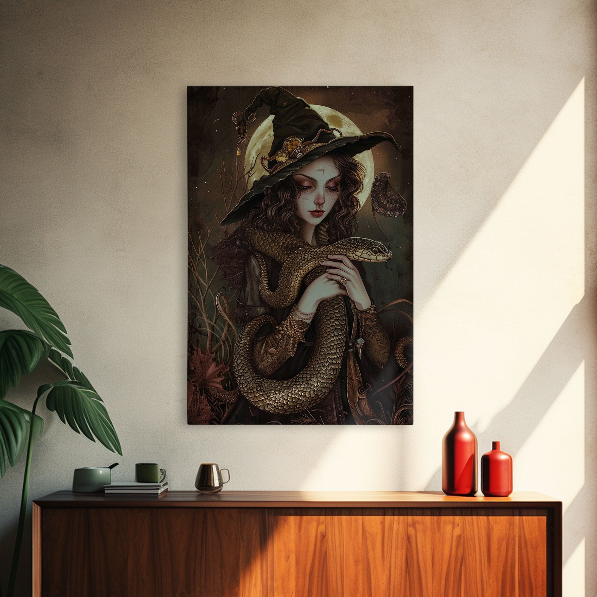 Witch Holding Snake under Full Moon - Dark Forest Sorcery Gothic