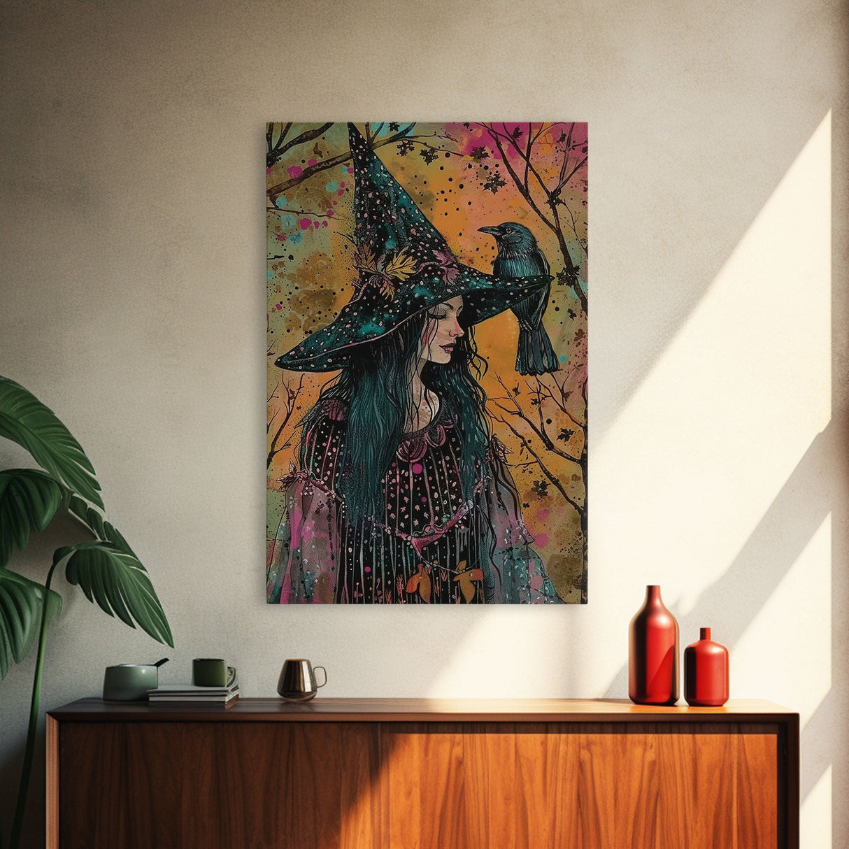 Witch with Raven in Autumn Forest - Dark Enchantment Mystical Gothic Art Framed Canvas Print, Halloween Home Decor