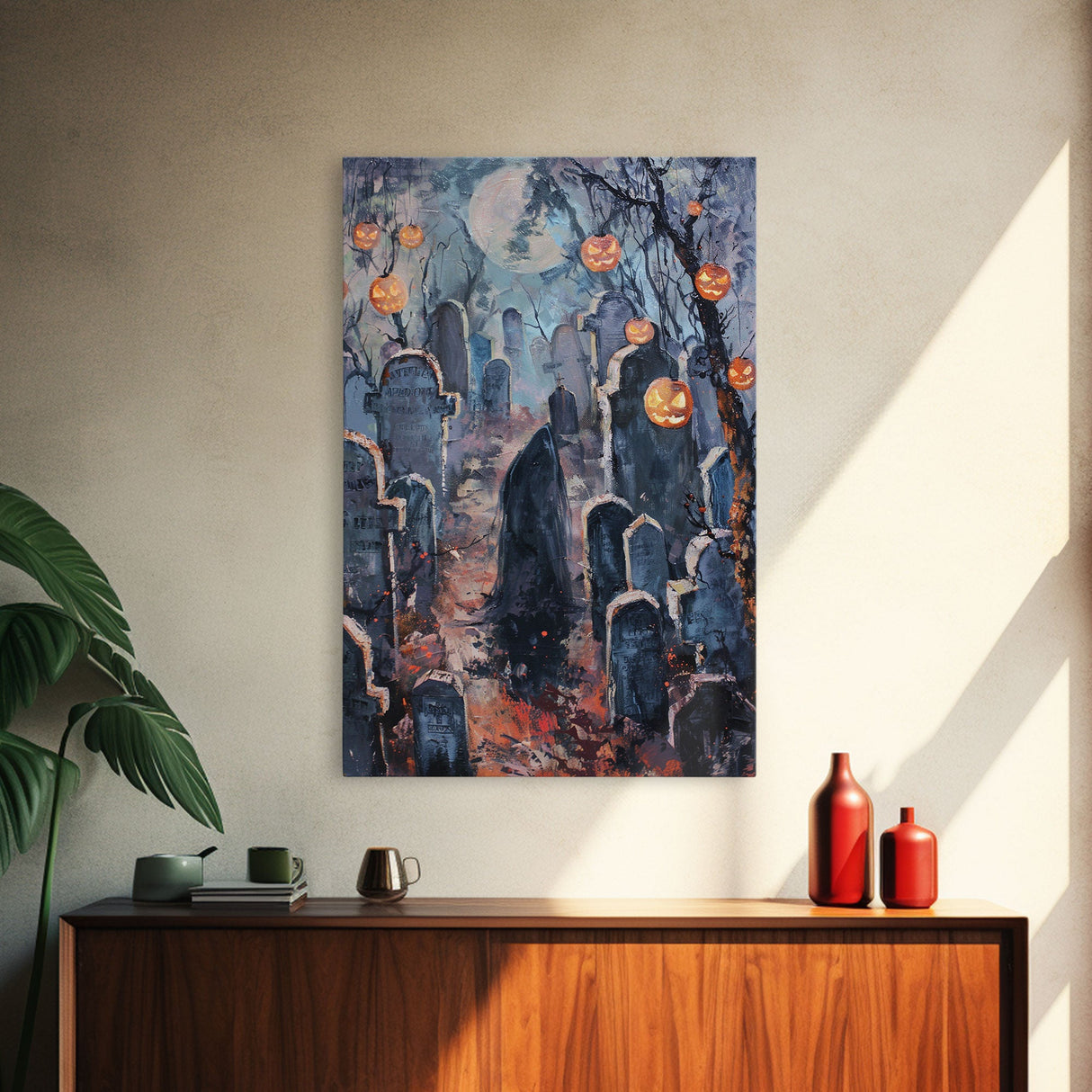 Jack-o'-Lantern Graveyard Canvas Print - Halloween Art, Spooky Home Decor, Cemtary Wall Art Pumpkin Art Halloween Decor, Framed Canvas Print