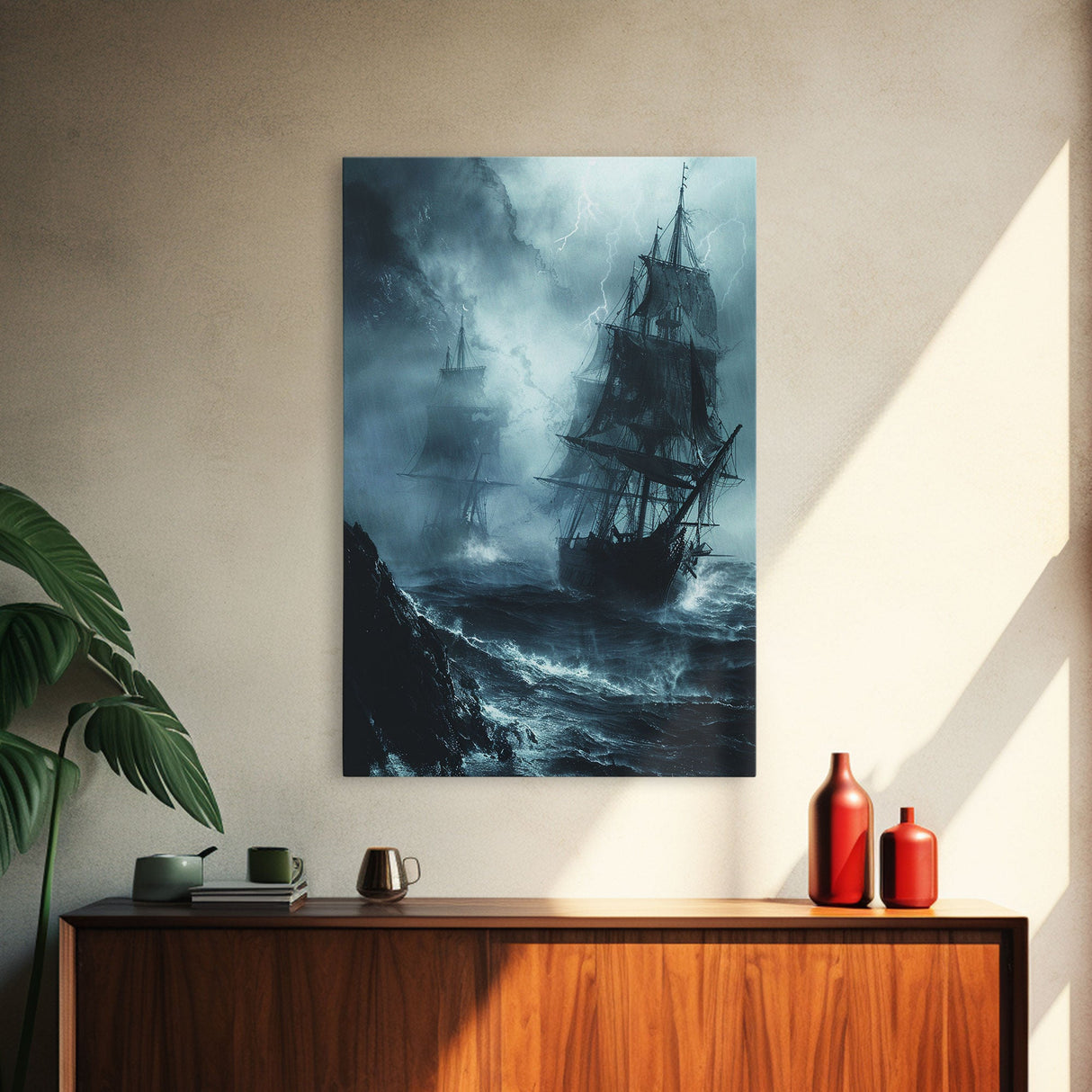 Ghost Ship in Storm Halloween Art, Spooky Maritime, Haunted Ocean, Creepy Seascape, Stormy Night, Framed Canvas Print