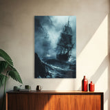 Ghost Ship in Storm Halloween Art, Spooky Maritime, Haunted Ocean, Creepy Seascape, Stormy Night, Framed Canvas Print