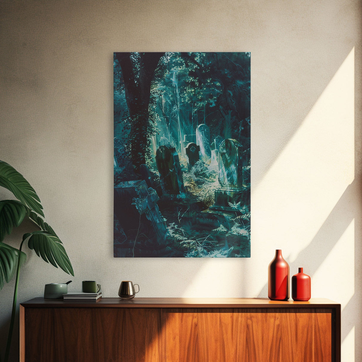 Haunted Graveyard Framed Canvas Print, Halloween Wall Art, Spooky Cemetery, Midnight Shadows, Haunted Forest, Ghostly Vibes, Gothic Decor