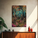 Gate to Haunted Cemetery Framed Canvas Print, Wall Art, Spooky Graveyard Art, Eerie Home Decor, Halloween Forest Painting, Spooky Graveyard