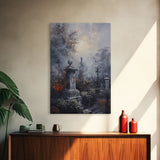 Gothic Cemetery with Statues Framed Canvas Print, Halloween Wall Art, Haunted Graveyard, Home Decor, Spooky Art, Living Room Decor, Gothic