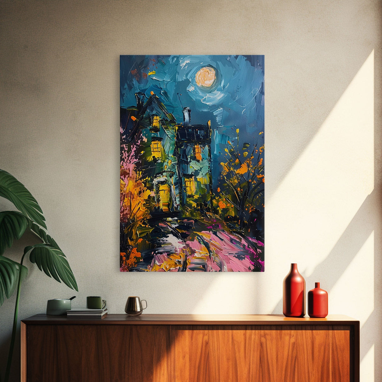 Haunted House with Glowing Windows Framed Canvas Print, Halloween Wall Art, Spooky Art, Home Decor, Living Room Decor, Gothic Artwork