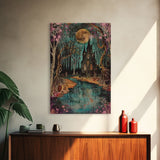 Haunted Castle by the Lake Framed Canvas Print, Halloween Wall Art, Spooky Art, Home Decor, Living Room Decor, Gothic Artwork, Creepy Castle