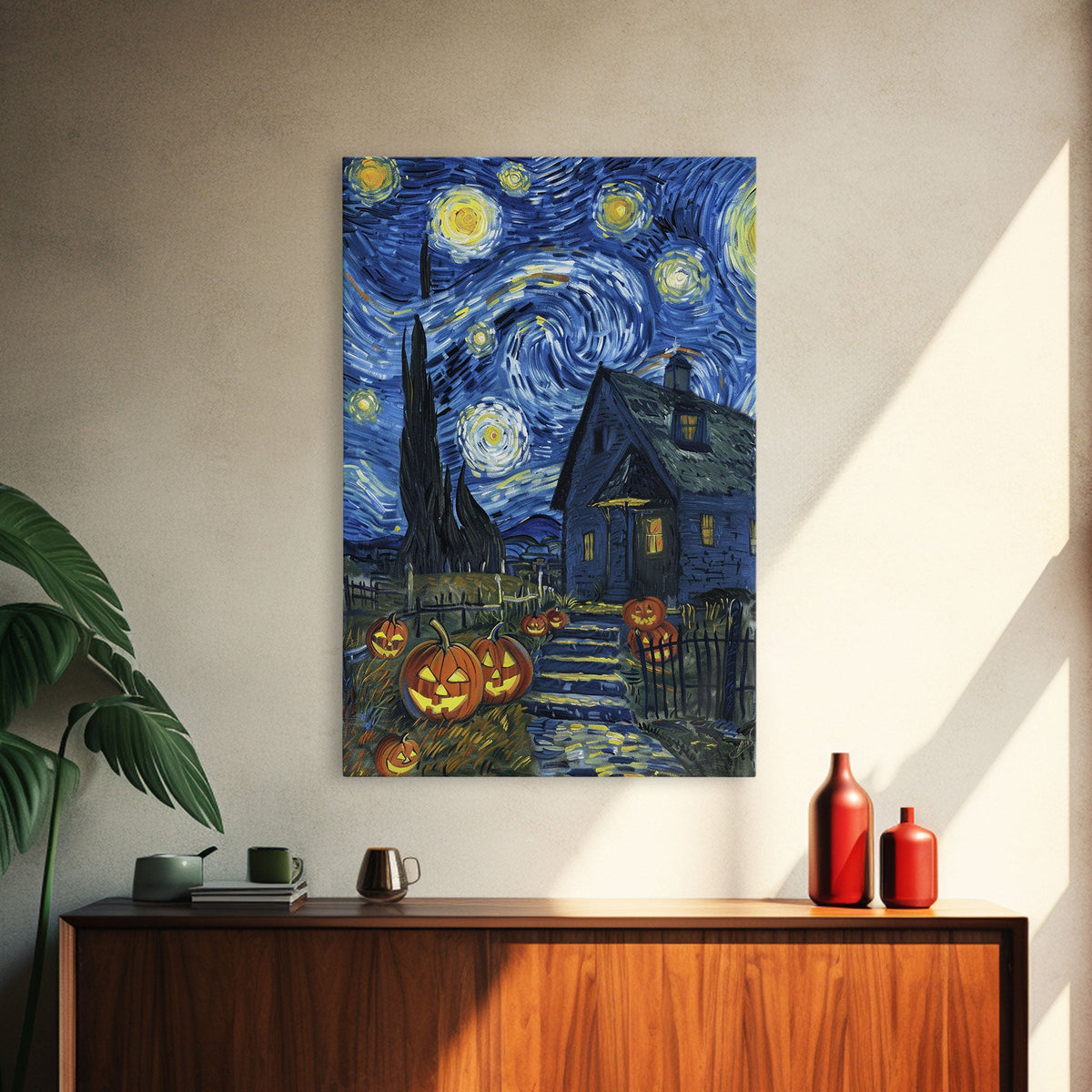 Spooky Starry Night with Jack-O-Lanterns Framed Canvas Print, Halloween Wall Art, Starry Night Inspired, Home Decor, Spooky Art, Living Room