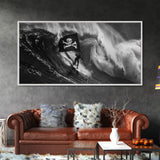 Surfer Waving A Skull and Crossbones Flag While Surfing - Framed Canvas Print - Cool Modern Art - Office / Mancave Decor Gift For Him