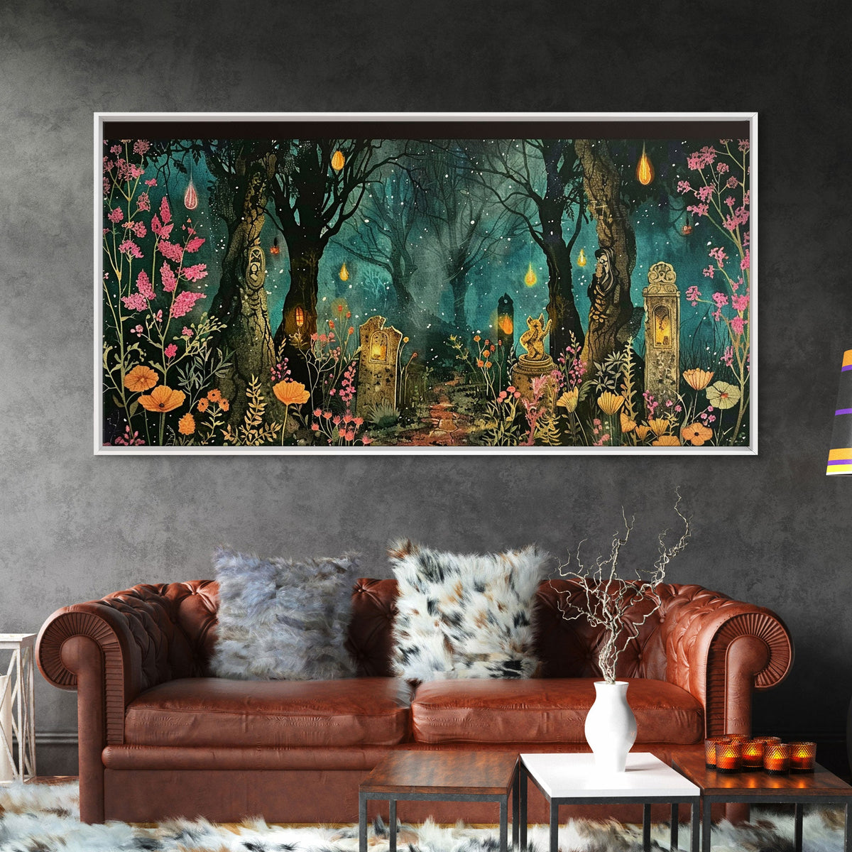 Haunted Cemetery In The Forest Framed Canvas Print, Halloween Decor, Halloween Prop Wall Art