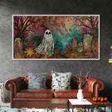 Cute Ghost In The Cemetery, Framed Canvas Print, Halloween Wall Decor, Halloween Trinkets