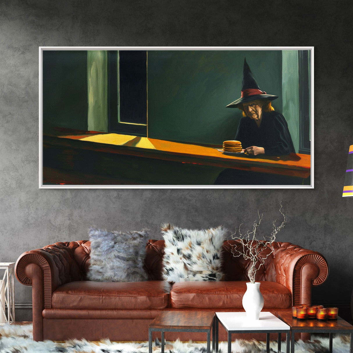 Sad Old Witch Having Some Pancakes, Funny Halloween Art, Framed Canvas Print, Liminal Art