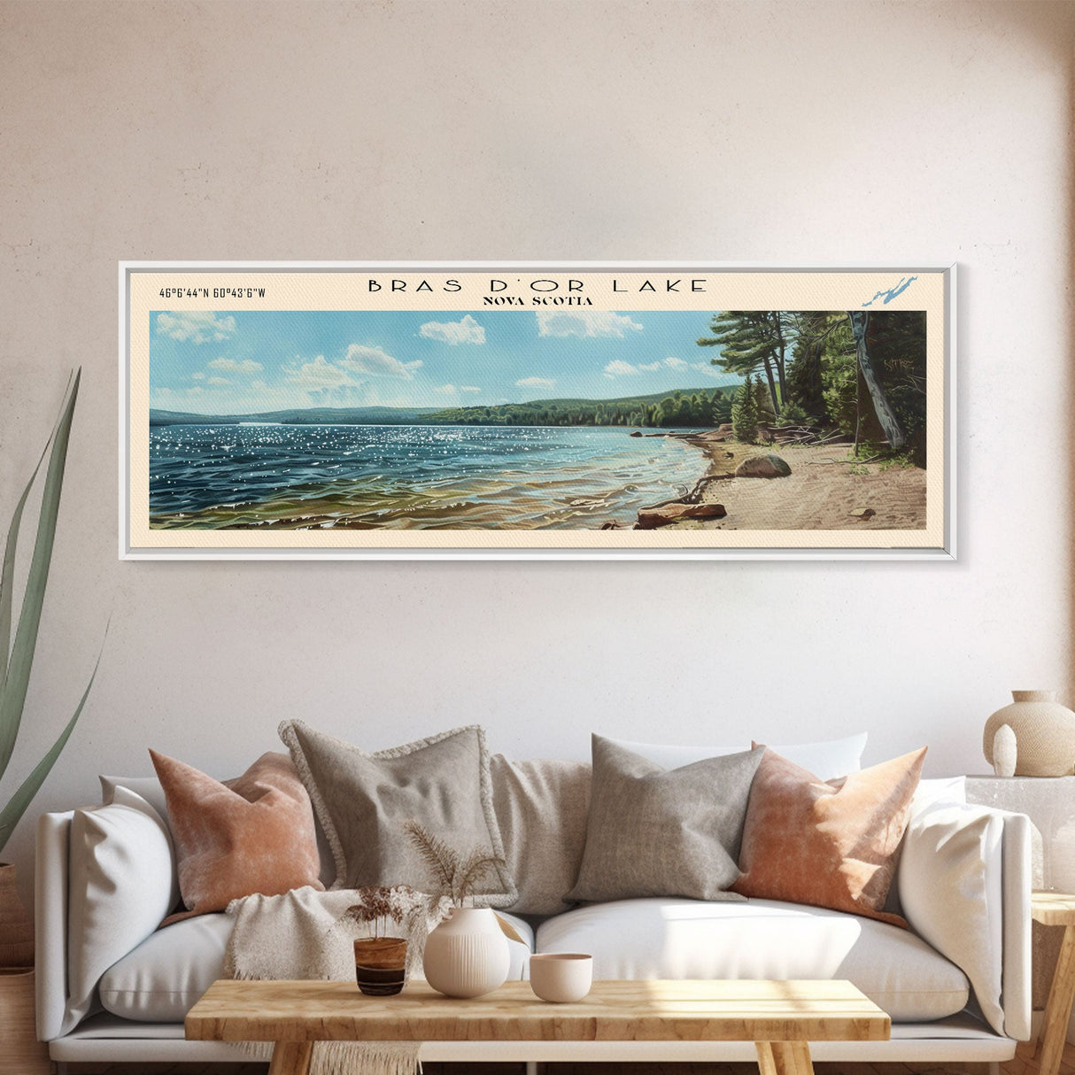 Bras d'Or Lake Framed Canvas Print, Panoramic Lake House Decor, Wall Art, Travel Poster, Rustic Lake Painting, Home Decor