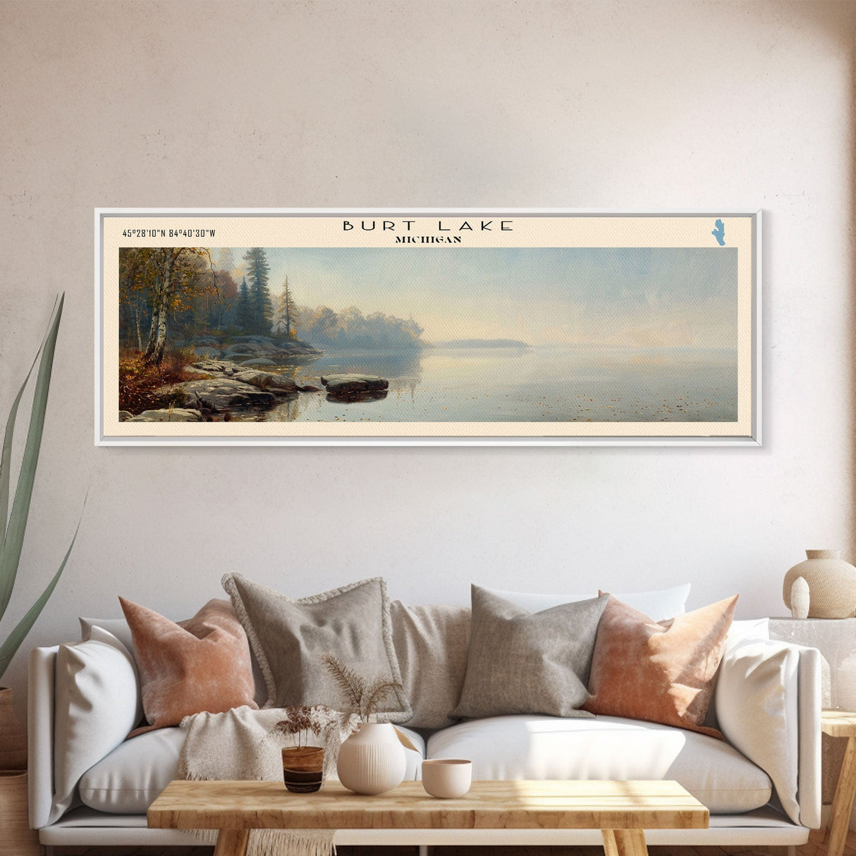Burt Lake Michigan Framed Canvas Print, Panoramic Lake House Decor, Wall Art, Travel Poster, Rustic Lake Painting, Nature Art