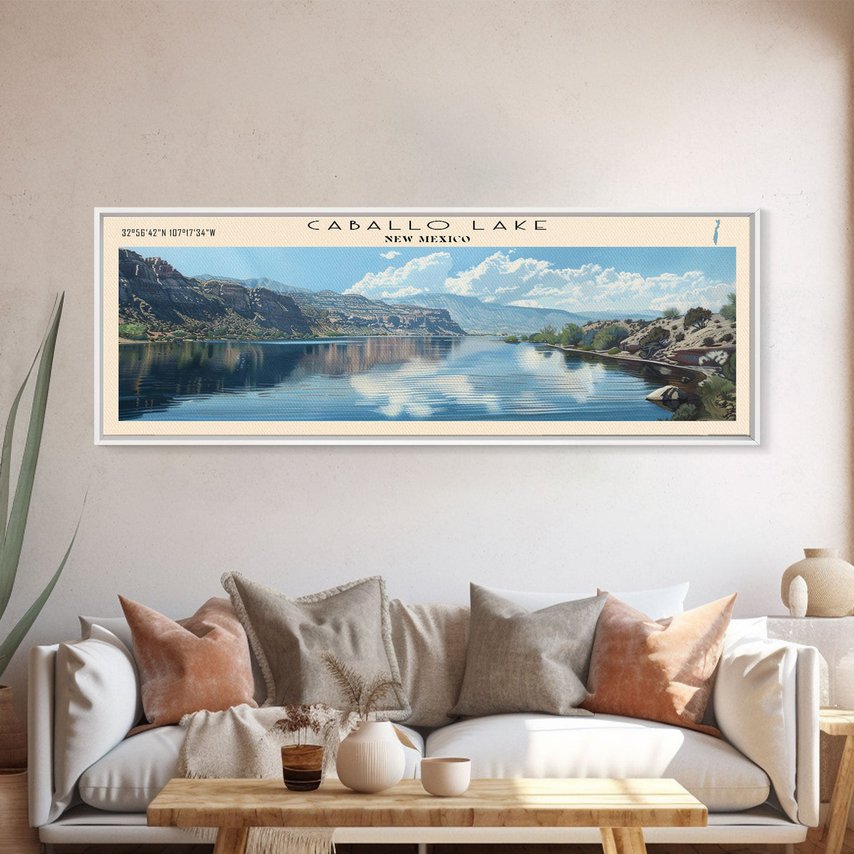 Caballo Lake New Mexico Framed Canvas Print, Lake House Art, Panoramic Wall Art, Travel Poster, Modern Lake Painting, Home Decor