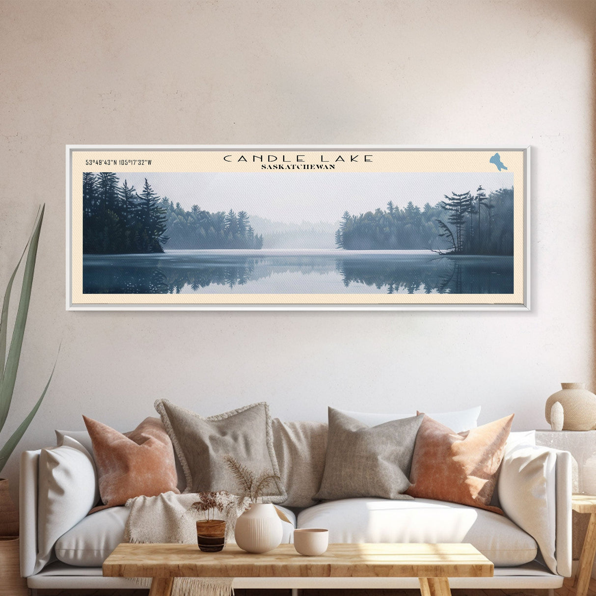 Candle Lake Framed Canvas Print, Panoramic Lake House Decor, Wall Art, Travel Poster, Rustic Lake Painting, Home Decor