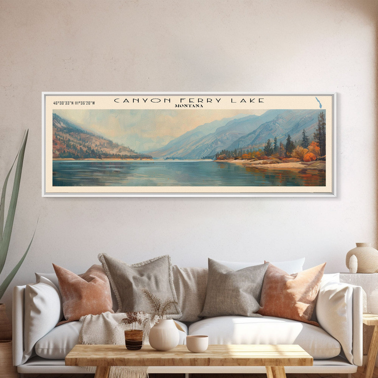 Canyon Ferry Lake Montana Framed Canvas Print, Lake House Art, Panoramic Wall Art, Travel Poster, Rustic Lake Painting, Nature Art