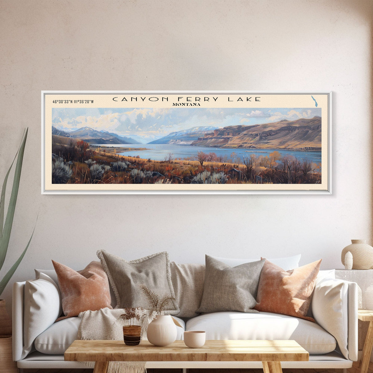 Canyon Ferry Lake Framed Canvas Print, Panoramic Lake House Decor, Wall Art, Travel Poster, Modern Lake Painting, Home Decor
