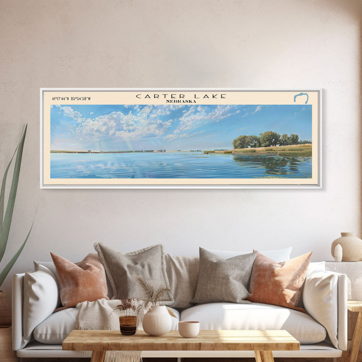 Carter Lake Nebraska Framed Canvas Print, Lake House Art, Panoramic Wall Art, Travel Poster, Modern Lake Painting, Home Decor
