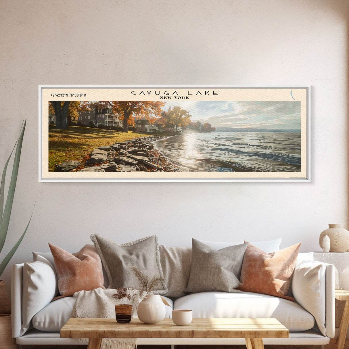 Cayuga Lake New York Framed Canvas Print, Lake House Art, Panoramic Travel Poster, Wide Wall Art, Modern Lake Painting, Home Decor