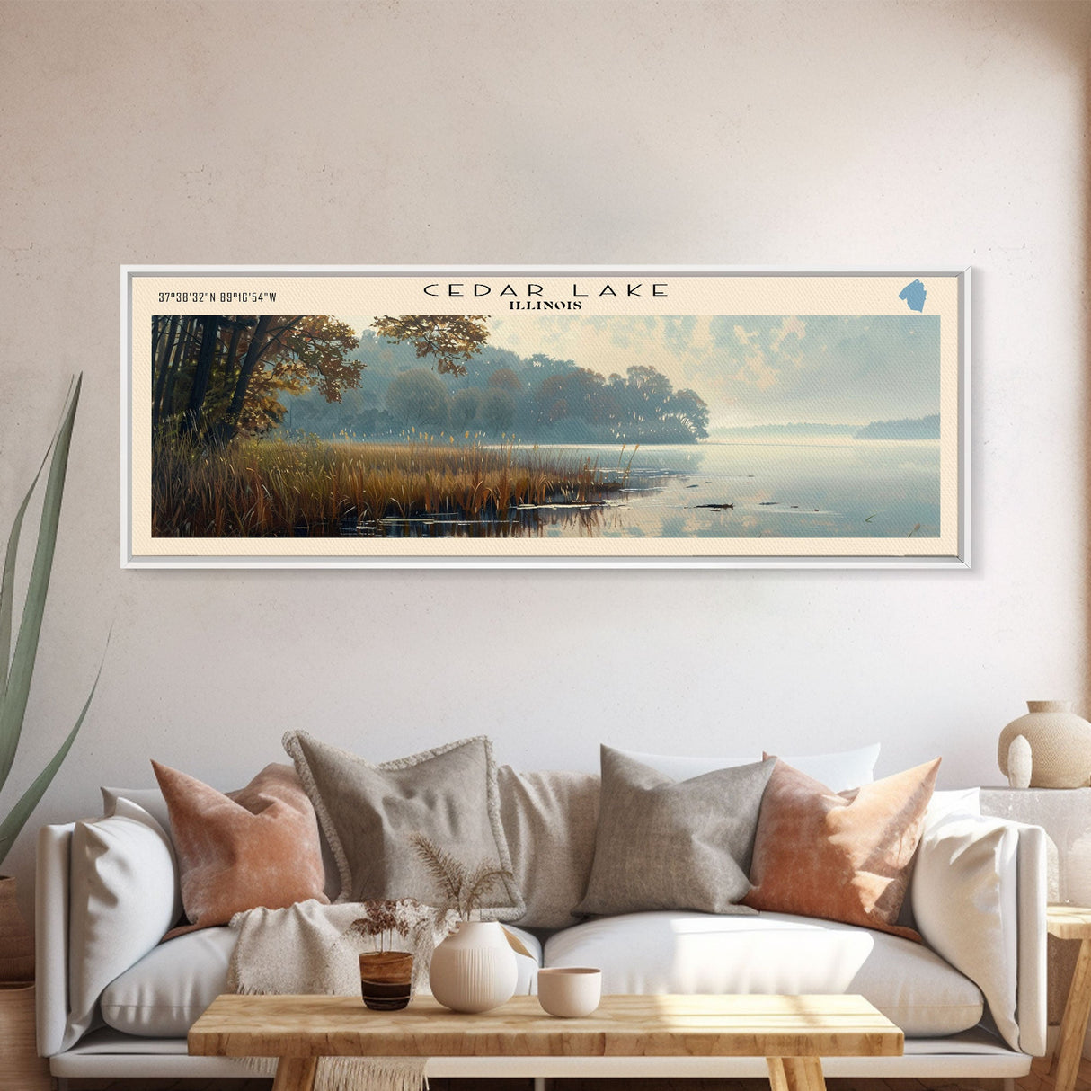 Cedar Lake Illinois Framed Canvas Print, Lake House Art, Panoramic Wide Art, Travel Poster, Minimalist Lake Painting, Home Decor