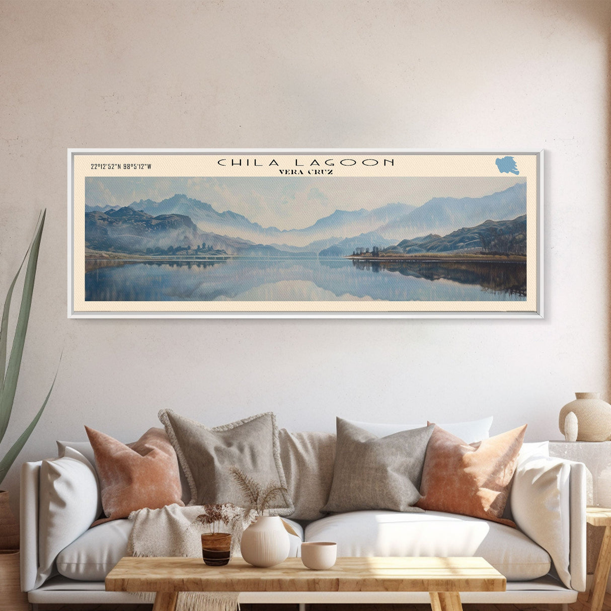 Chila Lagoon Framed Canvas Print, Panoramic Lake House Decor, Wide Wall Art, Travel Poster, Rustic Lake Painting, Home Decor