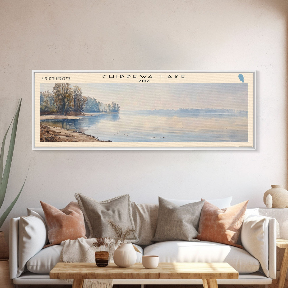 Chippewa Lake Ohio Framed Canvas Print, Lake House Decor, Panoramic Wide Art, Travel Poster, Modern Lake Painting, Nature Art