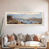 Choke Canyon Reservoir Framed Canvas Print, Panoramic Lake House Decor, Wide Wall Art, Travel Poster, Modern Lake Painting, Nature Art