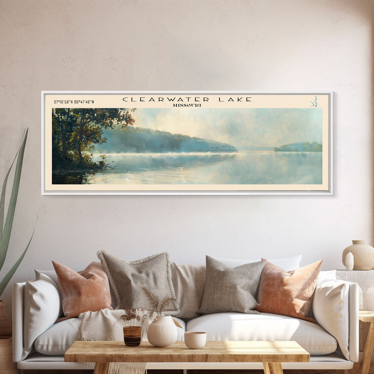 Clearwater Lake Framed Canvas Print, Lake House Art, Panoramic Travel Poster, Wide Wall Art, Modern Lake Painting, Home Decor