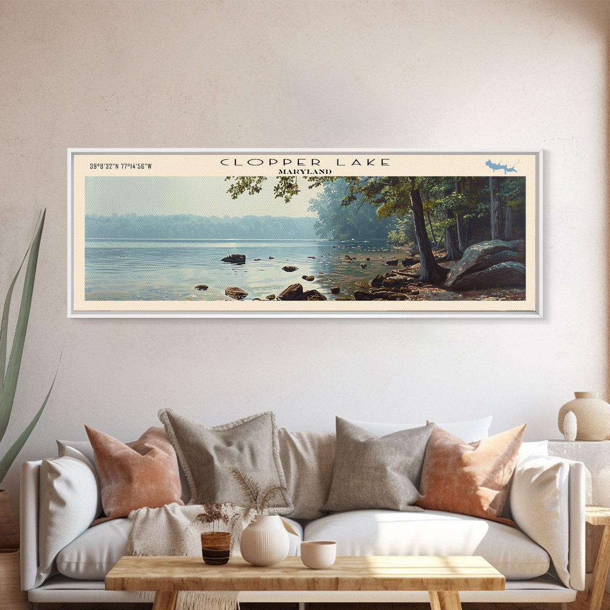 Clopper Lake Maryland Framed Canvas Print, Lake House Art, Panoramic Wide Art, Travel Poster, Minimalist Lake Painting, Home Decor