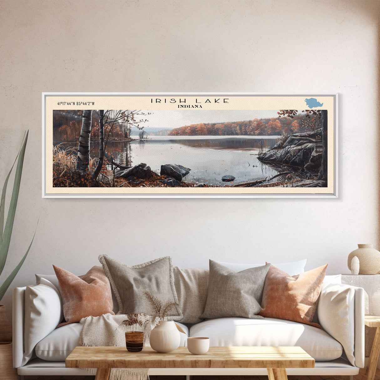 Irish Lake Indiana Framed Canvas Print, Panoramic Lake House Decor, Wall Art, Travel Poster, Peaceful Lake Painting, Home Decor