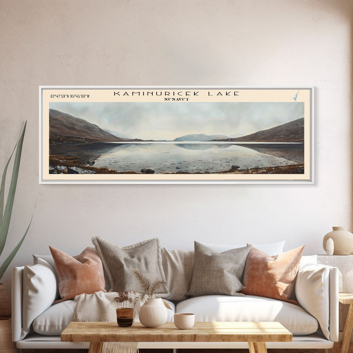 Kaminuricek Lake Qamanirjuaq Lake Framed Canvas Print, Panoramic Lake House Decor, Wall Art, Travel Poster, Serene Lake Painting, Nature Art