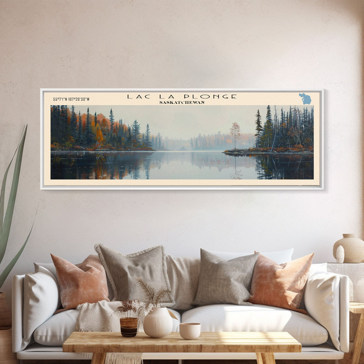 Lac La Plonge Lake Billy Chinook Oregon Framed Canvas Print, Panoramic Lake House Decor, Wall Art, Travel Poster, Scenic Lake Painting, Home Decor