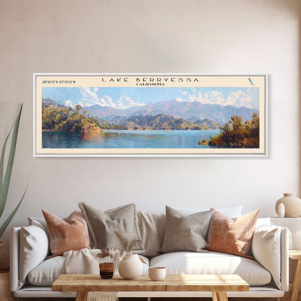 Lake Berryessa California Framed Canvas Print, Panoramic Lake House Decor, Wall Art, Travel Poster, Serene Lake Painting, Home Decor