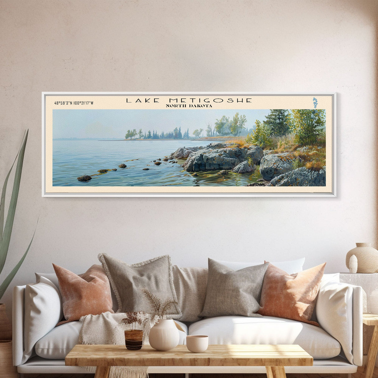 Lake Metigoshe North Dakota Framed Canvas Print, Lake House Decor, Panoramic Wall Art, Travel Poster, Serene Landscape Painting, Living Room Decor