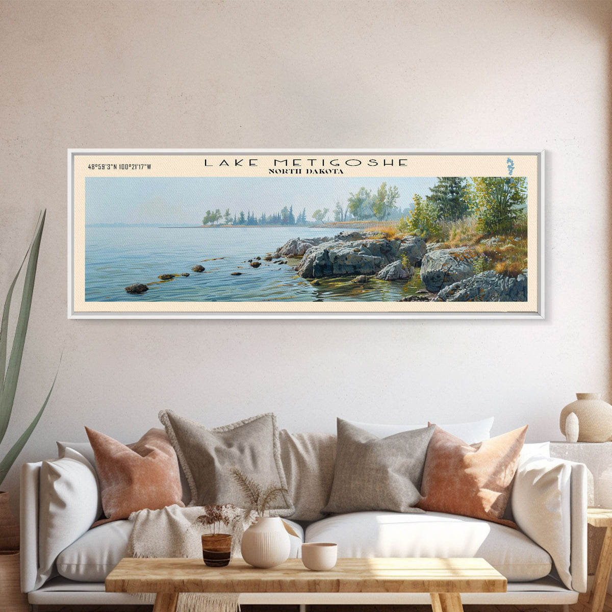 Lake Metigoshe North Dakota Framed Canvas Print, Lake House Decor, Panoramic Wall Art, Travel Poster, Serene Landscape Painting, Living Room Decor