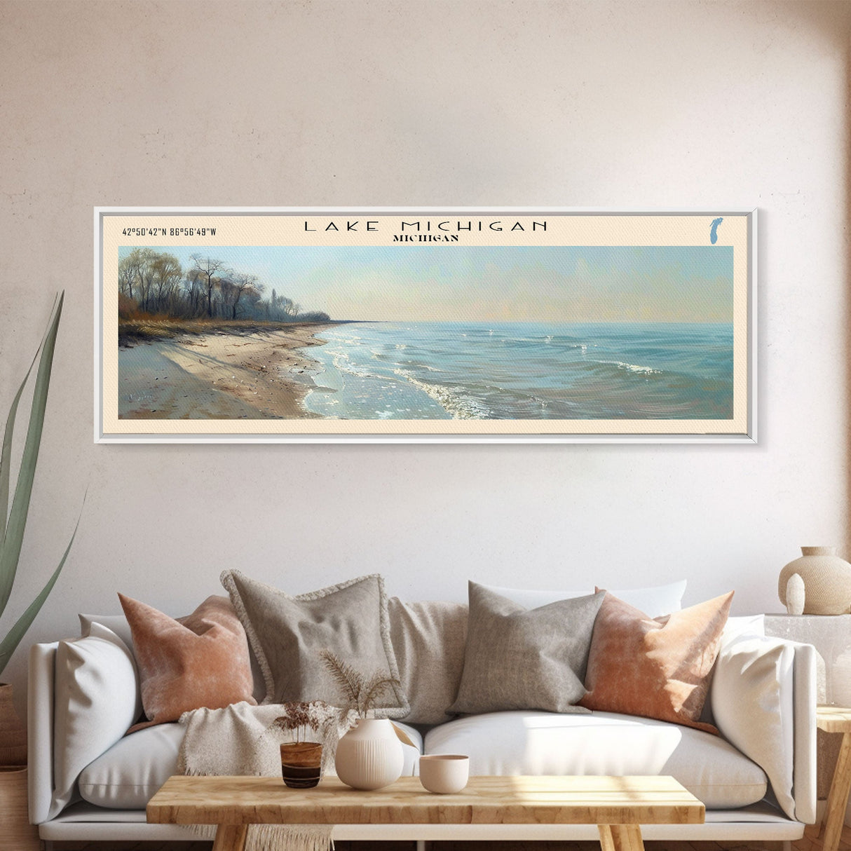Lake Michigan Framed Canvas Print, Lake House Decor, Panoramic Wall Art, Travel Poster, Beautiful Landscape Painting, Bedroom Decor