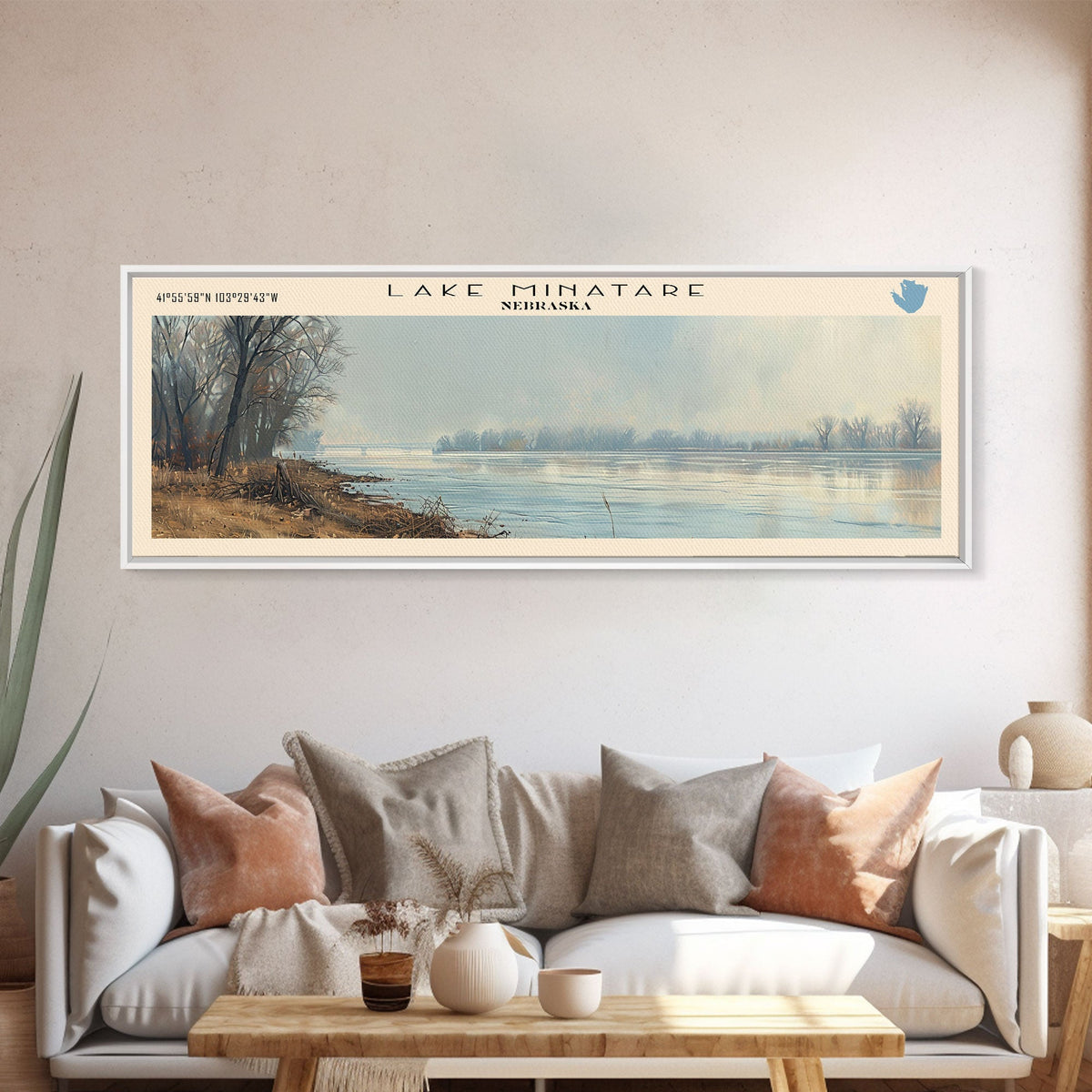 Lake Minatare Nebraska Framed Canvas Print, Lake House Decor, Panoramic Wall Art, Travel Poster, Stunning Landscape Painting, Living Room Decor