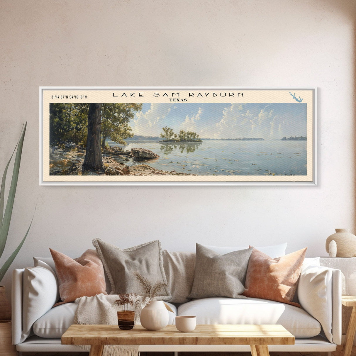 Lake Sam Rayburn, Boho Art, Serene Landscape, Travel Poster Art, Wall Art, Home Decor, Nature Scene, Lake Painting, Minimalist Art, Rustic Art, Travel Print, Framed Canvas Print, Lake House Decor, Panoramic Print