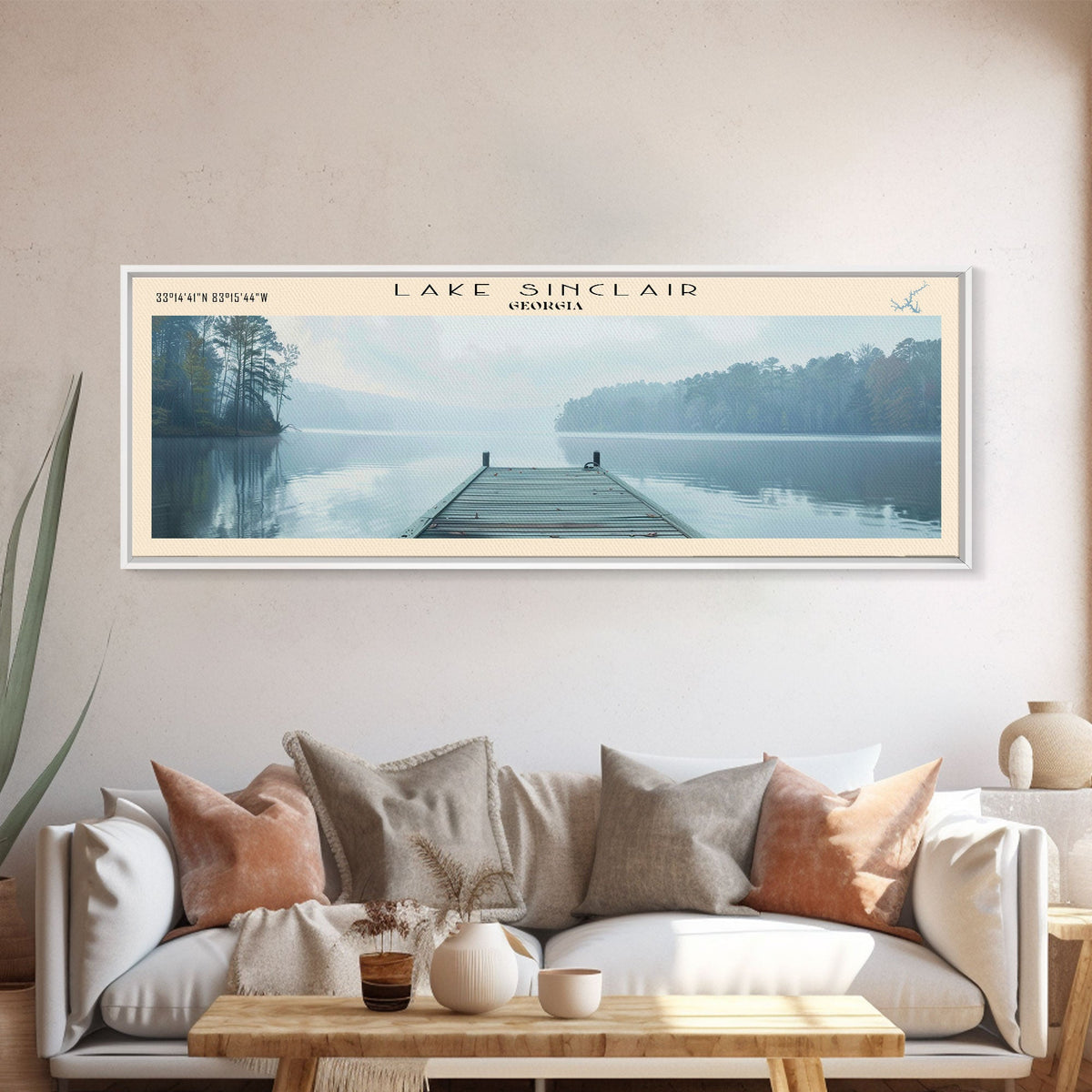 Lake Sinclair Georgia Framed Canvas Print, Lake House Decor, Panoramic Wall Art, Travel Poster, Beautiful Landscape Painting, Modern Art