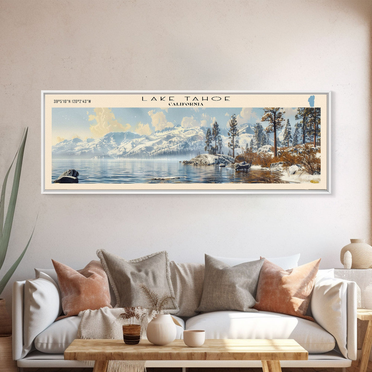 Lake Tahoe Framed Canvas Print, Lake House Decor, Panoramic Wall Art, Travel Poster, Stunning Landscape Painting, Contemporary Art