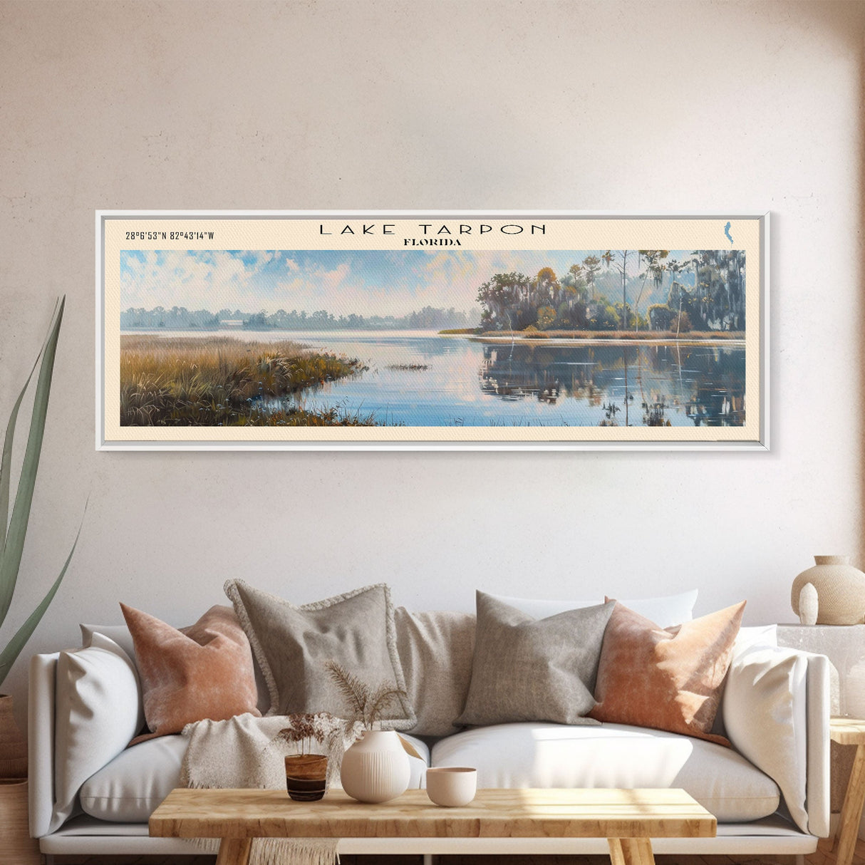 Lake Tarpon Florida Framed Canvas Print, Lake House Decor, Panoramic Wall Art, Travel Poster, Beautiful Landscape Painting, Living Room Decor