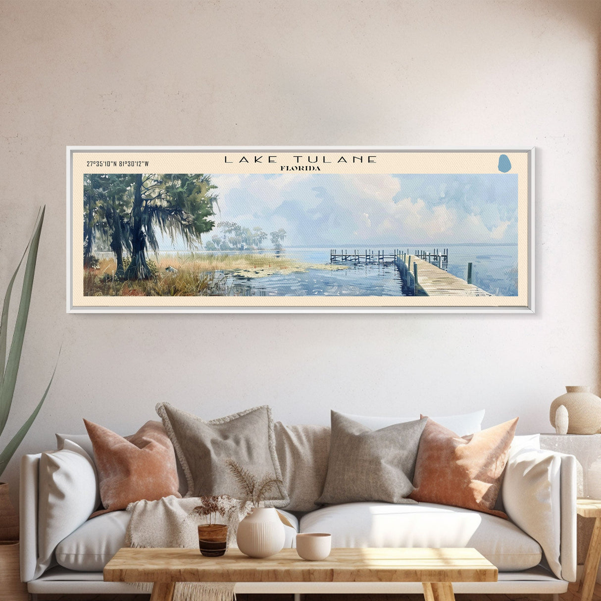 Lake Tulane Florida Framed Canvas Print, Lake House Decor, Panoramic Wall Art, Travel Poster, Landscape Painting, Bedroom Decor