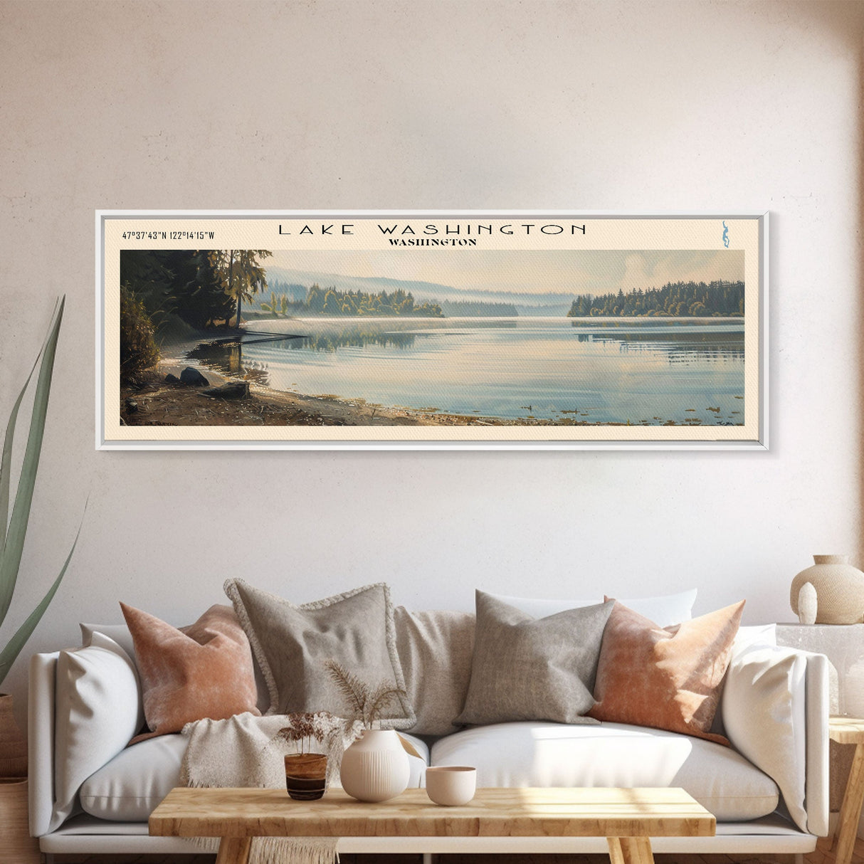 Lake Washington Framed Canvas Print, Lake House Decor, Panoramic Wall Art, Travel Poster, Scenic Landscape Painting, Bedroom Decor