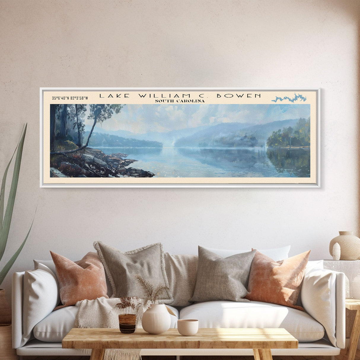 Lake William C Bowen South Carolina Framed Canvas Print, Lake House Decor, Panoramic Wall Art, Travel Poster, Landscape Painting, Bedroom Decor