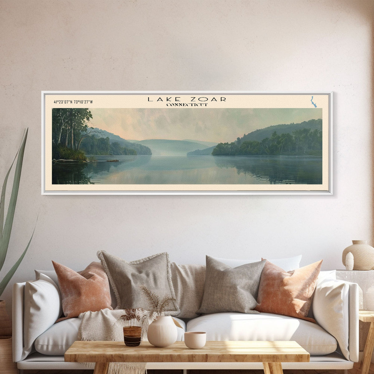 Lake Zoar Connecticut Framed Canvas Print, Lake House Decor, Panoramic Wall Art, Travel Poster, Landscape Painting, Living Room Decor